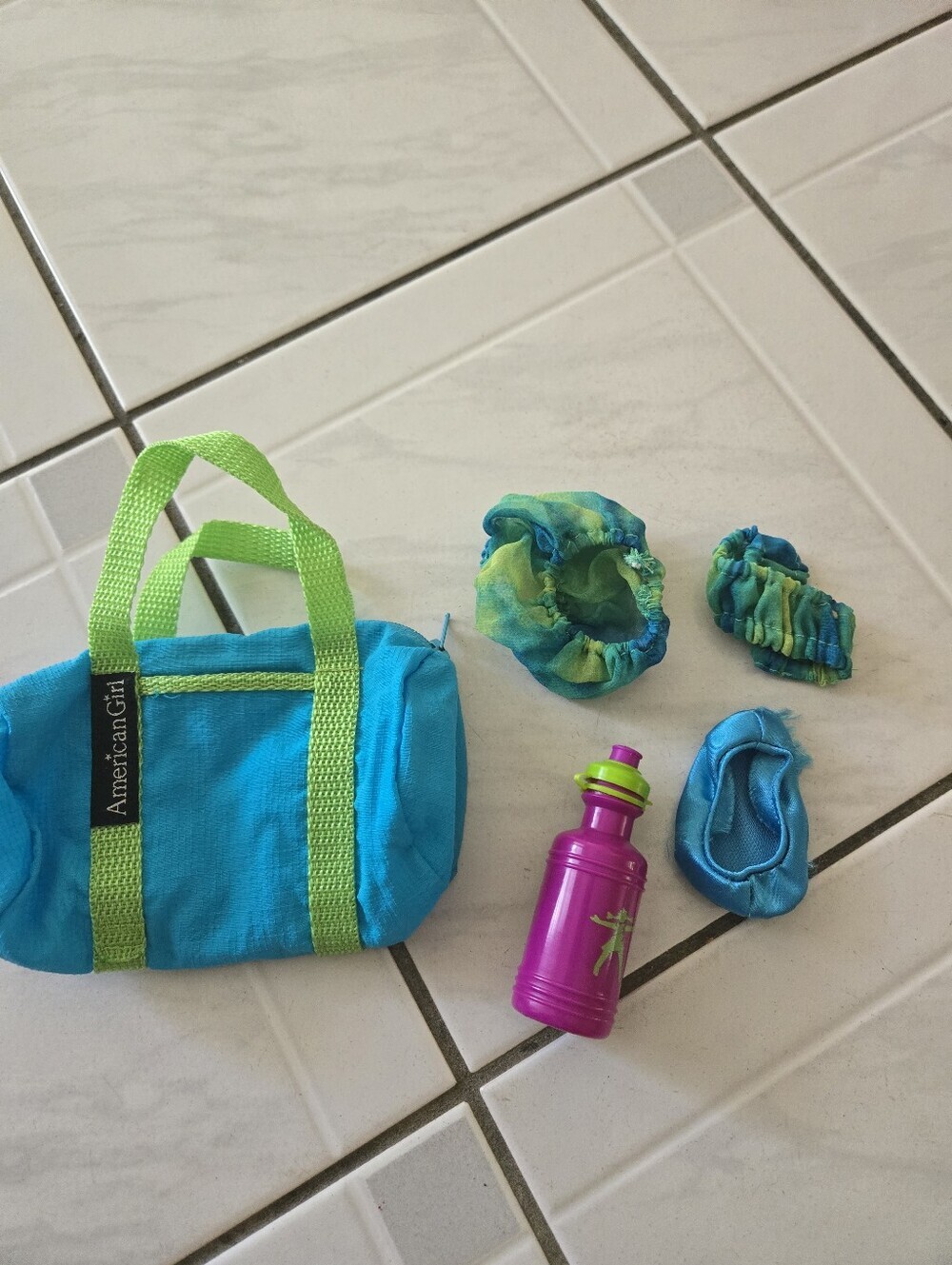 American Girl Turquoise Doll Tote Set with Lime Handles and Pink Bottle